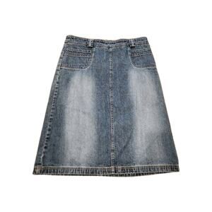 Vintage Sz L Mon Petit Oiseau Denim Frock Pocket Midi Skirt W/ Embroidered Bird